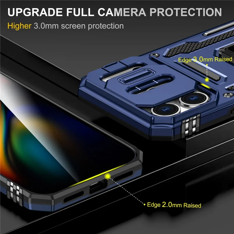 For iPhone 17 Pro Case Kickstand Slide Lens Lid PC + TPU Drop-Proof Phone Cover - Navy Blue