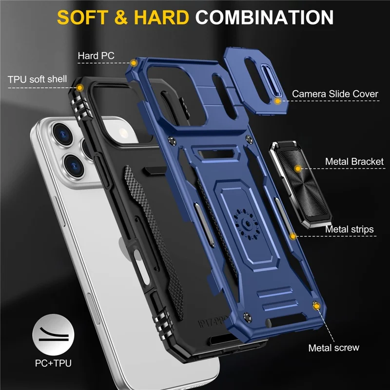 For iPhone 17 Pro Case Kickstand Slide Lens Lid PC + TPU Drop-Proof Phone Cover - Navy Blue