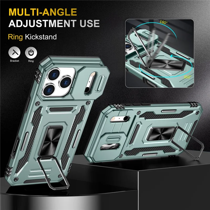 Funda para iPhone 17 Pro Max con soporte, tapa deslizante para lente, PC + TPU a prueba de golpes - Verde