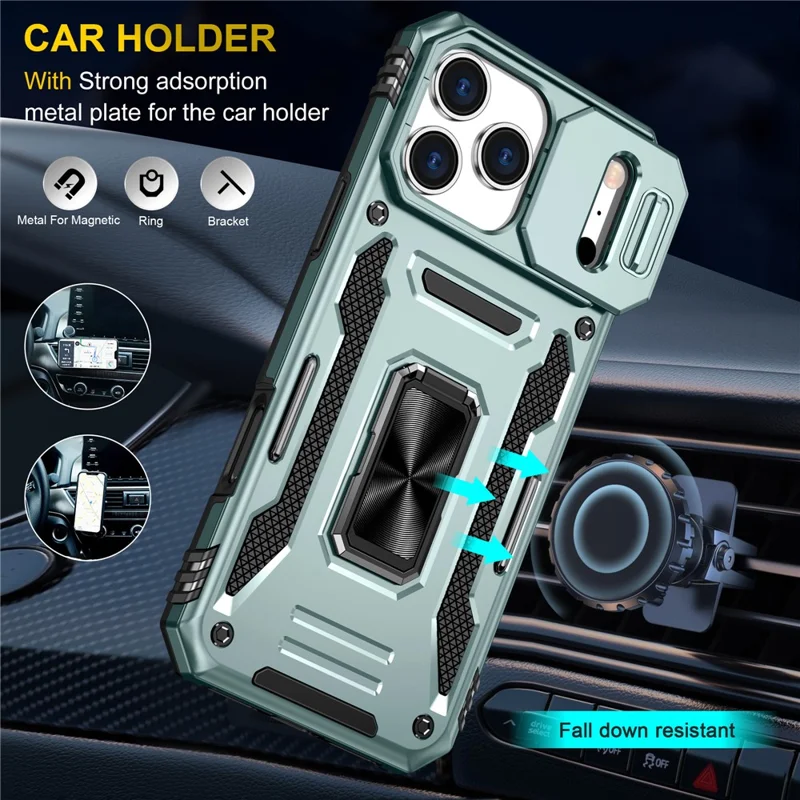 Funda para iPhone 17 Pro Max con soporte, tapa deslizante para lente, PC + TPU a prueba de golpes - Verde