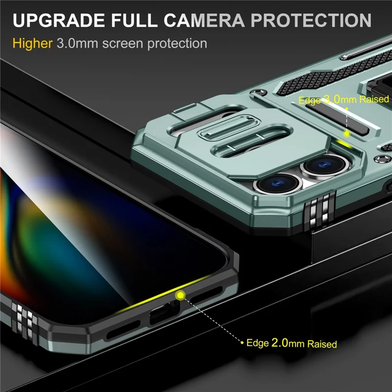 Funda para iPhone 17 Pro Max con soporte, tapa deslizante para lente, PC + TPU a prueba de golpes - Verde