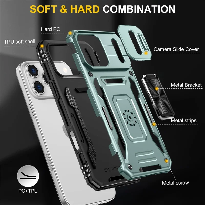 Funda para iPhone 17 Pro Max con soporte, tapa deslizante para lente, PC + TPU a prueba de golpes - Verde