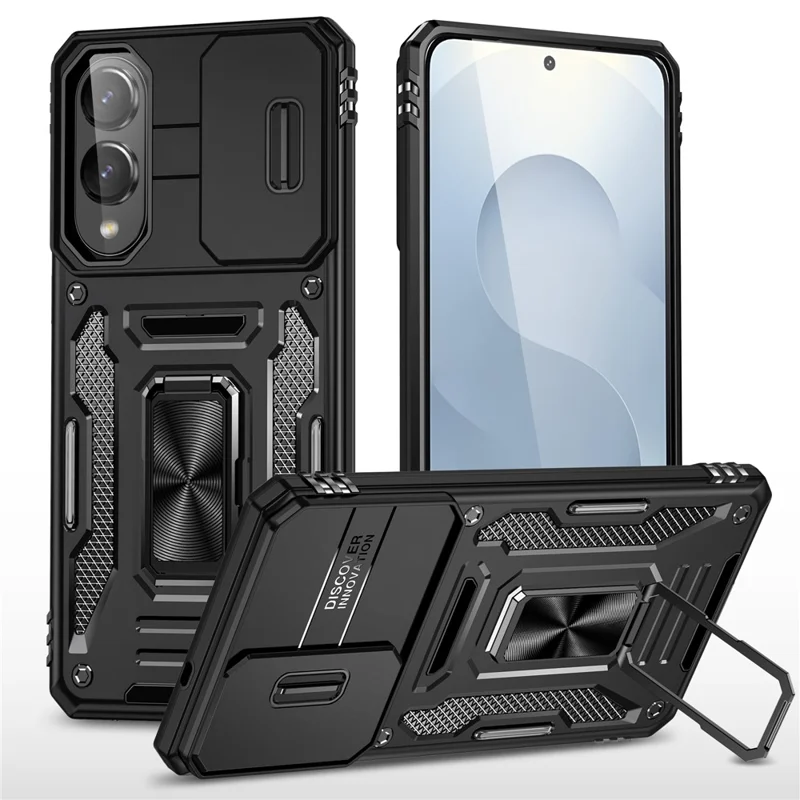For Samsung Galaxy S25 Edge Case Kickstand Slide Lens Lid PC + TPU Drop-Proof Phone Cover - Black