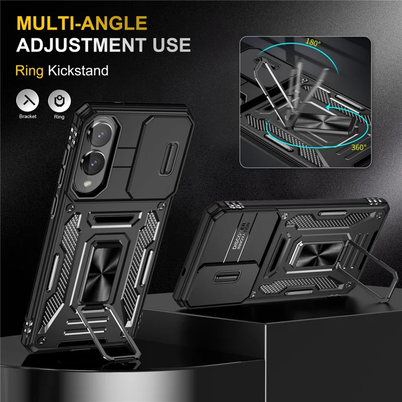 For Samsung Galaxy S25 Edge Case Kickstand Slide Lens Lid PC + TPU Drop-Proof Phone Cover - Black