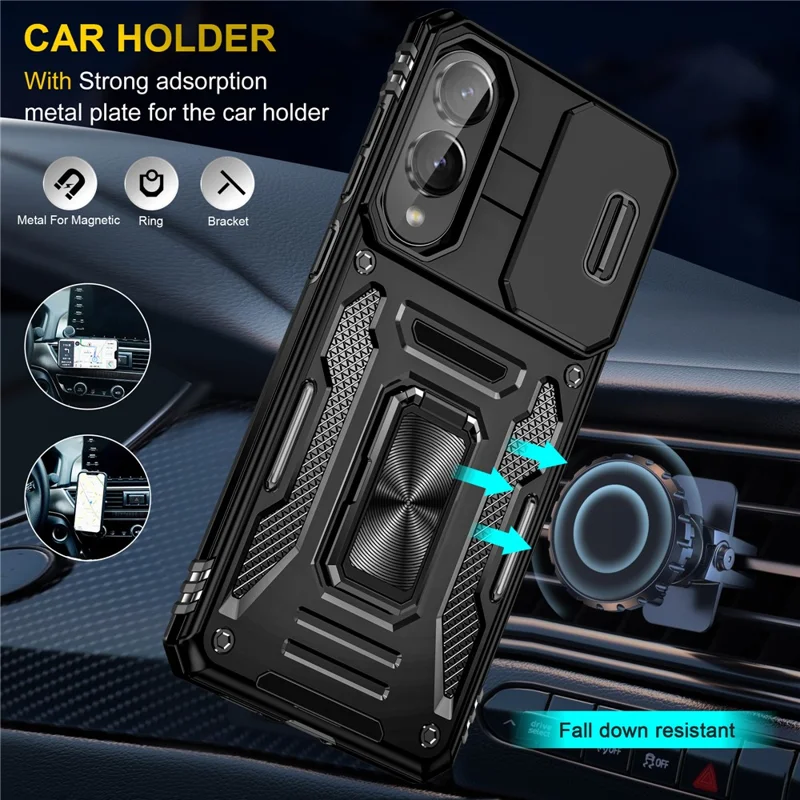 For Samsung Galaxy S25 Edge Case Kickstand Slide Lens Lid PC + TPU Drop-Proof Phone Cover - Black
