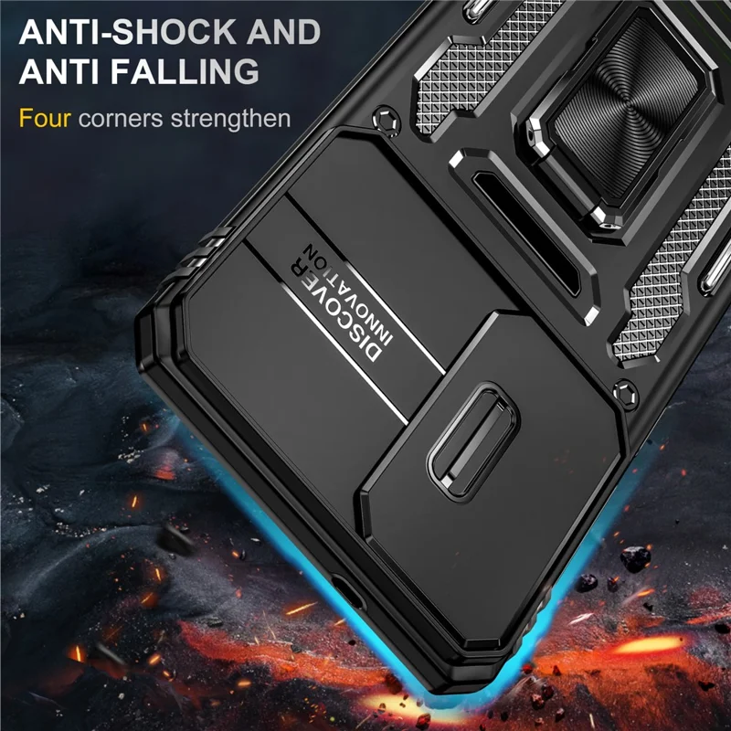 For Samsung Galaxy S25 Edge Case Kickstand Slide Lens Lid PC + TPU Drop-Proof Phone Cover - Black
