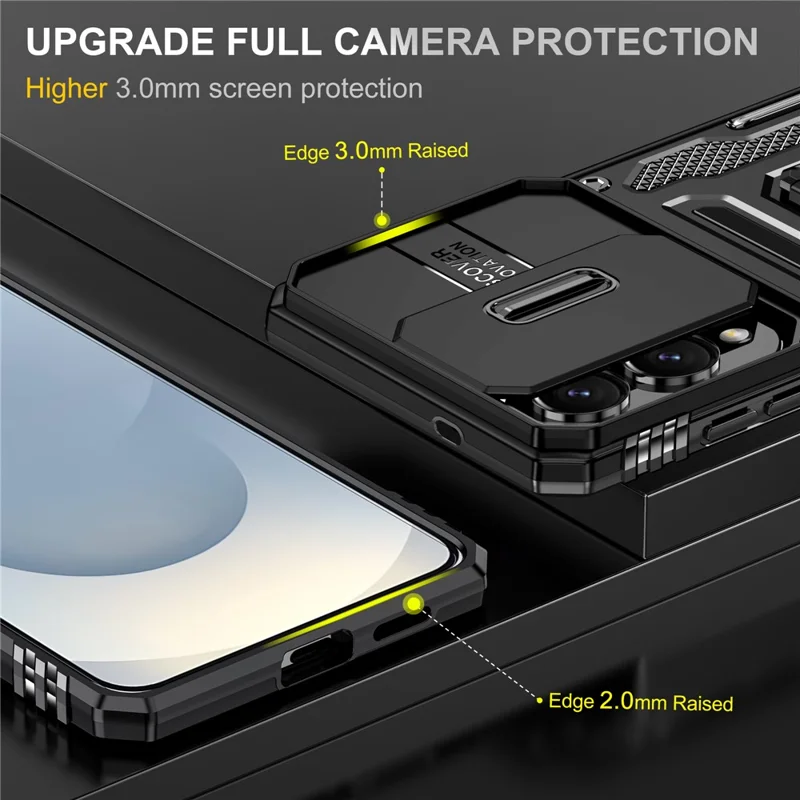 For Samsung Galaxy S25 Edge Case Kickstand Slide Lens Lid PC + TPU Drop-Proof Phone Cover - Black