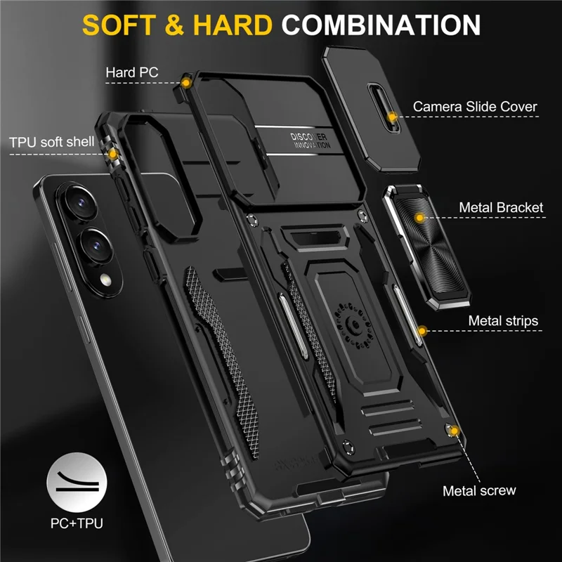 For Samsung Galaxy S25 Edge Case Kickstand Slide Lens Lid PC + TPU Drop-Proof Phone Cover - Black