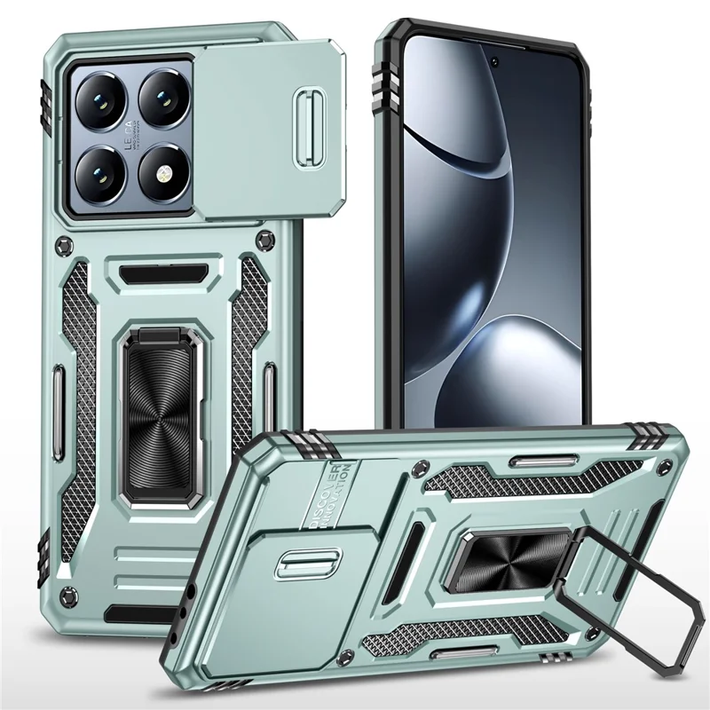 For Xiaomi 14T Case Kickstand Slide Lens Lid PC + TPU Drop - Green