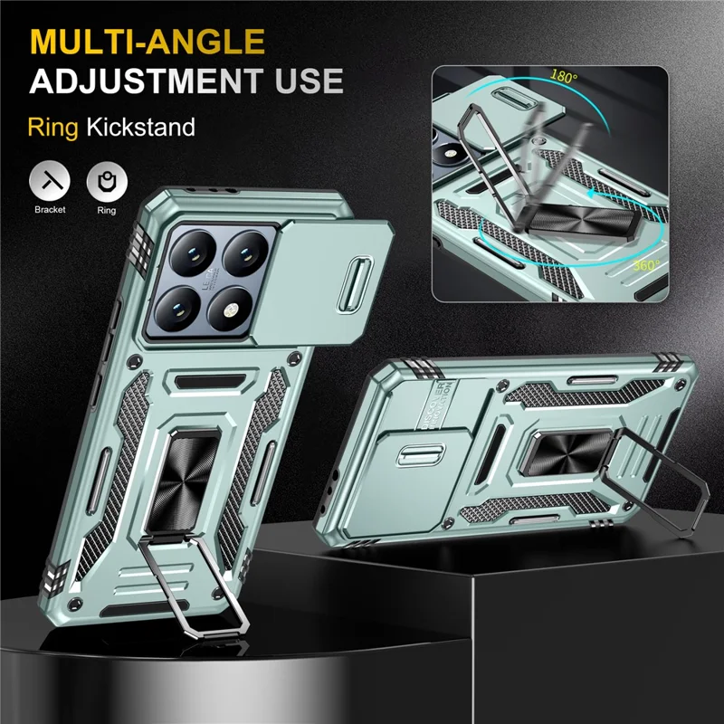 For Xiaomi 14T Case Kickstand Slide Lens Lid PC + TPU Drop - Green