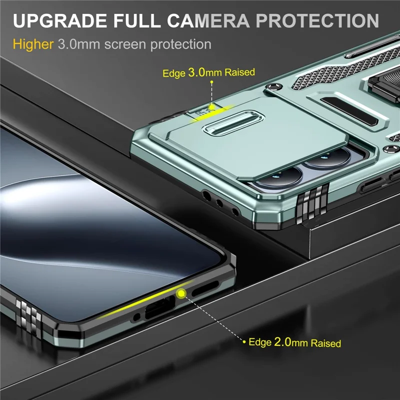 For Xiaomi 14T Case Kickstand Slide Lens Lid PC + TPU Drop - Green