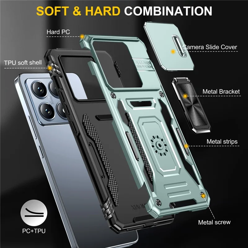 For Xiaomi 14T Case Kickstand Slide Lens Lid PC + TPU Drop - Green