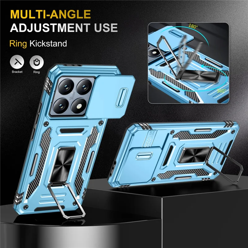 For Xiaomi 14T Case Kickstand Slide Lens Lid PC + TPU Drop-Proof Phone Cover - Baby Blue