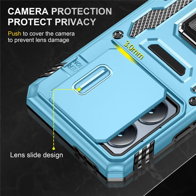 For Xiaomi 14T Case Kickstand Slide Lens Lid PC + TPU Drop-Proof Phone Cover - Baby Blue