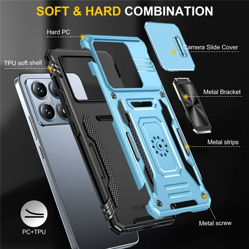 For Xiaomi 14T Case Kickstand Slide Lens Lid PC + TPU Drop-Proof Phone Cover - Baby Blue