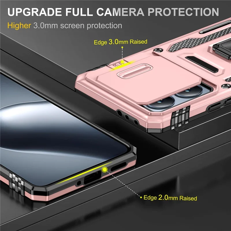 For Xiaomi 14T Case Kickstand Slide Lens Lid PC + TPU Drop - Rose Gold