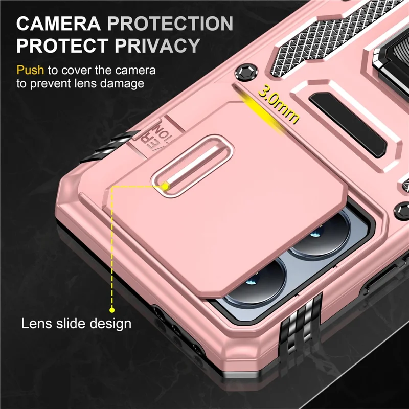 For Xiaomi 14T Case Kickstand Slide Lens Lid PC + TPU Drop - Rose Gold