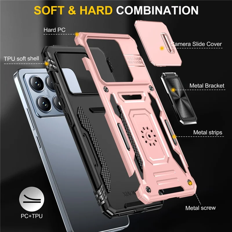 For Xiaomi 14T Case Kickstand Slide Lens Lid PC + TPU Drop - Rose Gold
