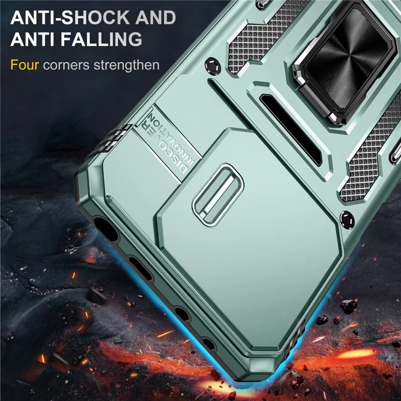 Pour Xiaomi Redmi Note 14 4G (163,25 mm) / 14 5G Étui Support de support Couvercle de l'objectif coulissant PC + TPU Drop - Vert