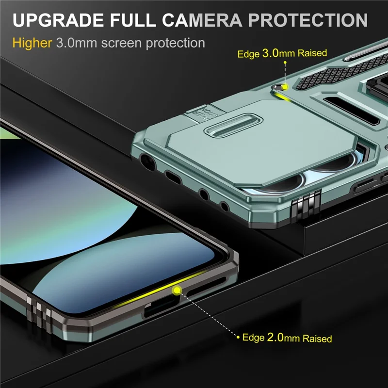Pour Xiaomi Redmi Note 14 4G (163,25 mm) / 14 5G Étui Support de support Couvercle de l'objectif coulissant PC + TPU Drop - Vert