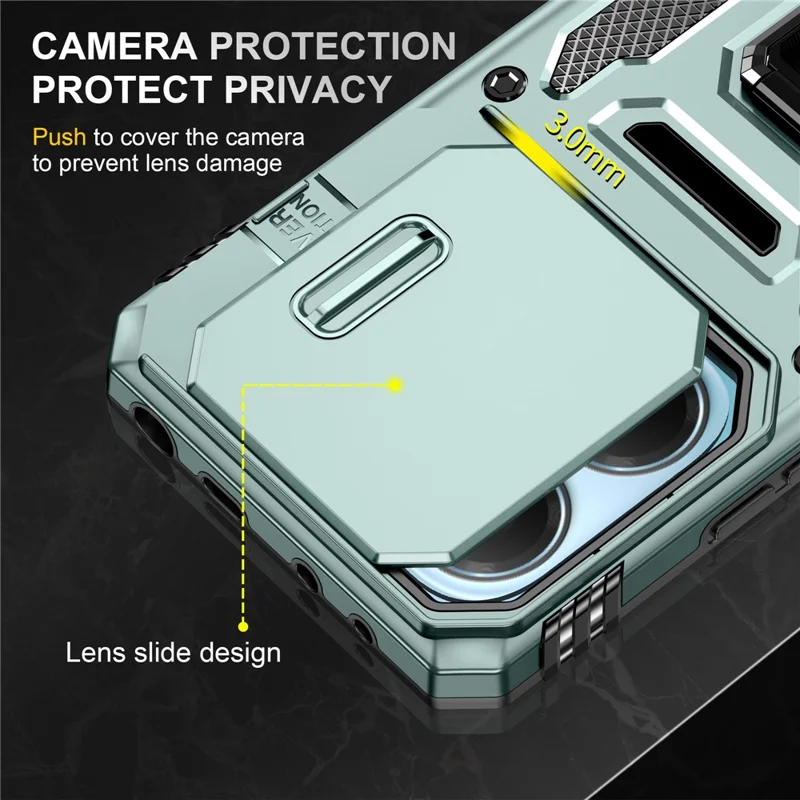 Pour Xiaomi Redmi Note 14 4G (163,25 mm) / 14 5G Étui Support de support Couvercle de l'objectif coulissant PC + TPU Drop - Vert
