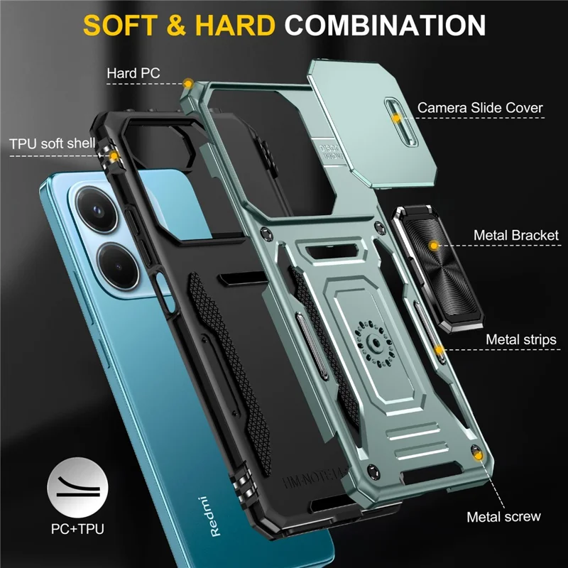 Pour Xiaomi Redmi Note 14 4G (163,25 mm) / 14 5G Étui Support de support Couvercle de l'objectif coulissant PC + TPU Drop - Vert