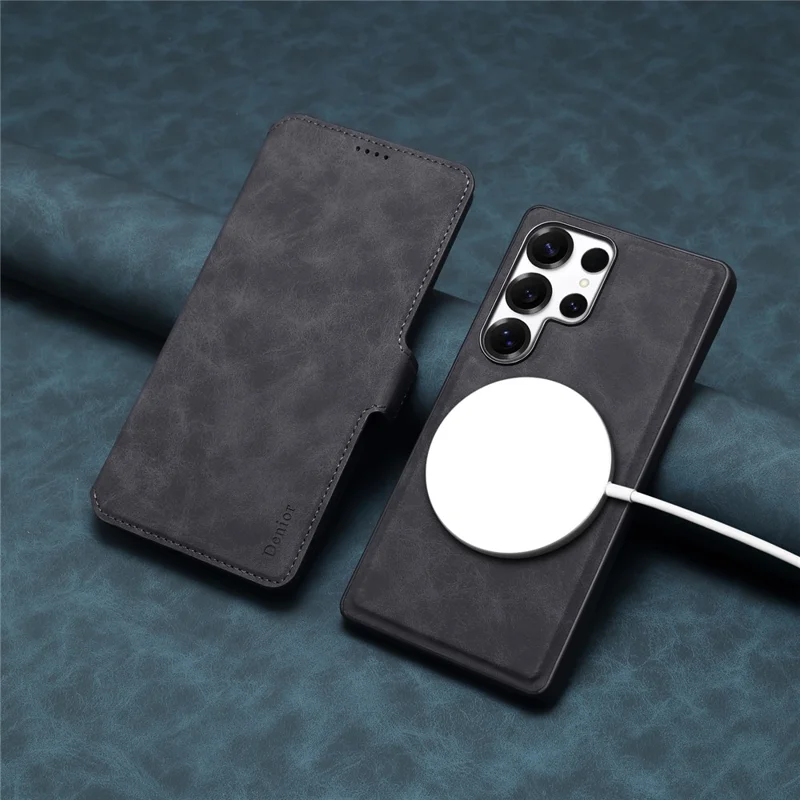 DENIOR B06 Magnetische Brieftasche Handyhülle für Samsung Galaxy S25 Ultra - Abnehmbar, Ständer, Leder + TPU, Schwarz