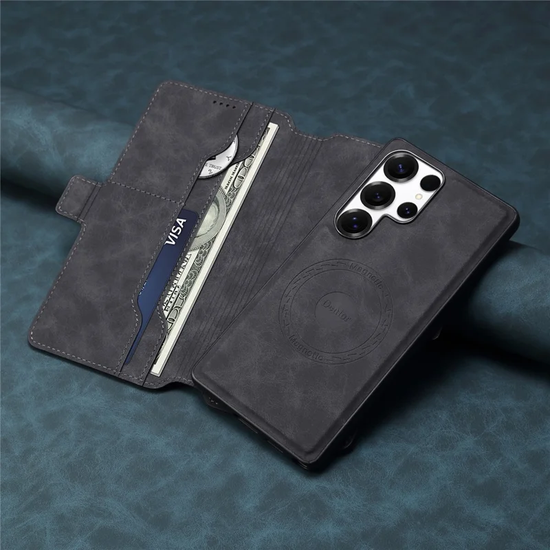 DENIOR B06 Magnetische Brieftasche Handyhülle für Samsung Galaxy S25 Ultra - Abnehmbar, Ständer, Leder + TPU, Schwarz