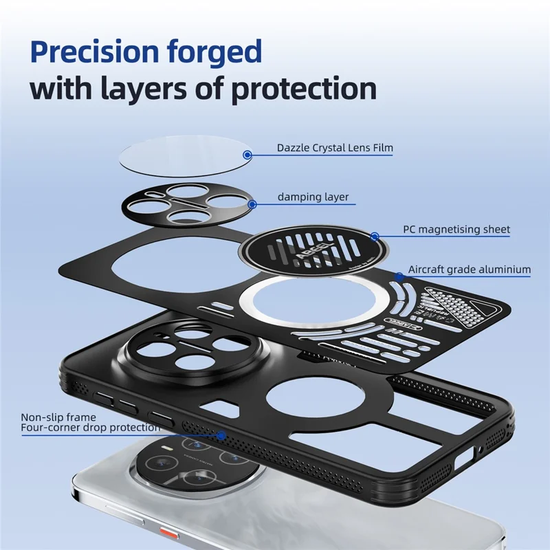 ABEEL Pour Honor Magic7 Pro 5G Étui Magnétique en Alliage d'Aluminium + PC + TPU Dissipation Thermique Creux Coque de Téléphone - Noir