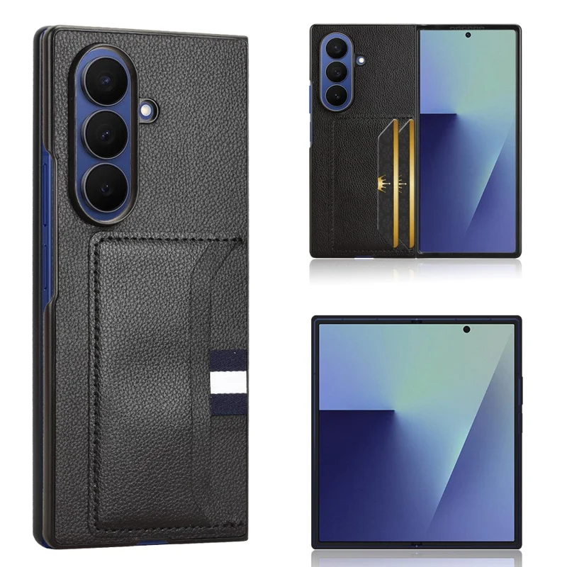 Für Samsung Galaxy Z Fold7 5G Hülle mit Kartenhalter, Lederstruktur, PC Handyhülle - Schwarz