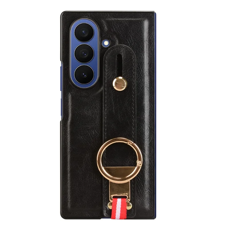Funda para Samsung Galaxy Z Fold7 5G con Correa de Muñeca, Soporte y Abrebotellas - Cuero + PC + TPU - Negro