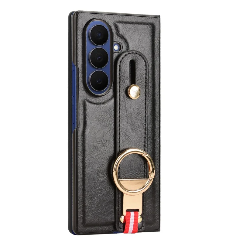 Funda para Samsung Galaxy Z Fold7 5G con Correa de Muñeca, Soporte y Abrebotellas - Cuero + PC + TPU - Negro