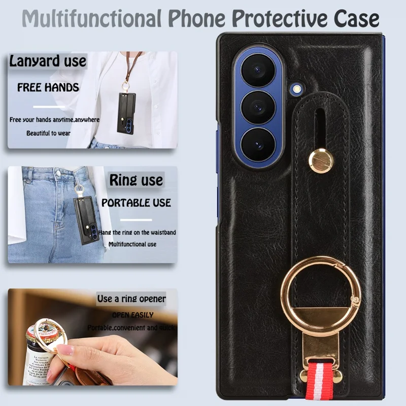 Funda para Samsung Galaxy Z Fold7 5G con Correa de Muñeca, Soporte y Abrebotellas - Cuero + PC + TPU - Negro