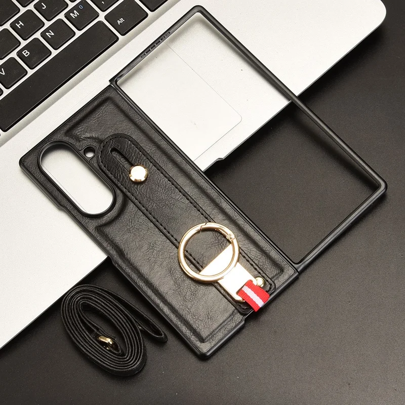 Funda para Samsung Galaxy Z Fold7 5G con Correa de Muñeca, Soporte y Abrebotellas - Cuero + PC + TPU - Negro