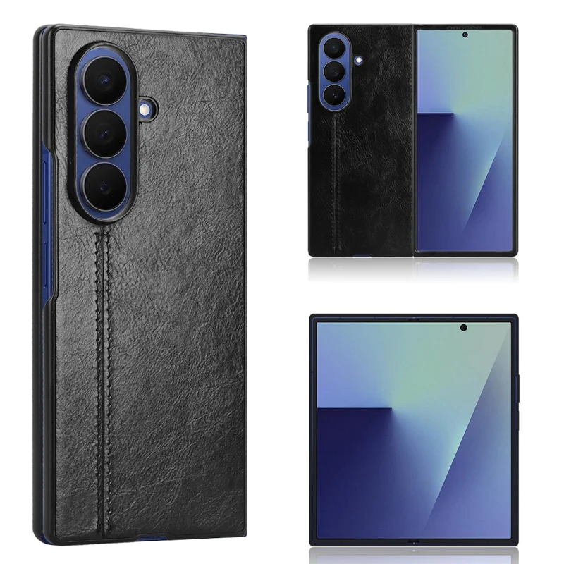 For Samsung Galaxy Z Fold7 5G Case Stitching Line PU Leather Coated PC Phone Cover - Black
