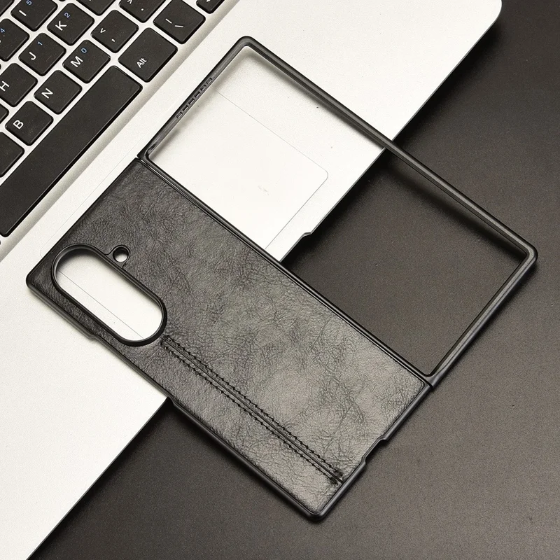 For Samsung Galaxy Z Fold7 5G Case Stitching Line PU Leather Coated PC Phone Cover - Black