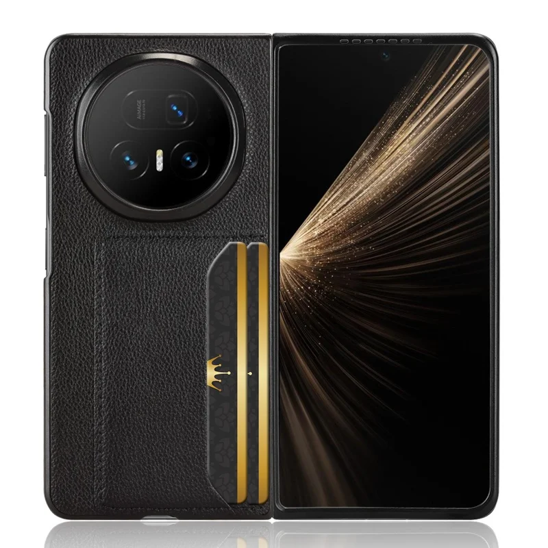For Honor Magic V5 5G Case Card Holder Litchi Texture Leather + PC Phone Cover - Black