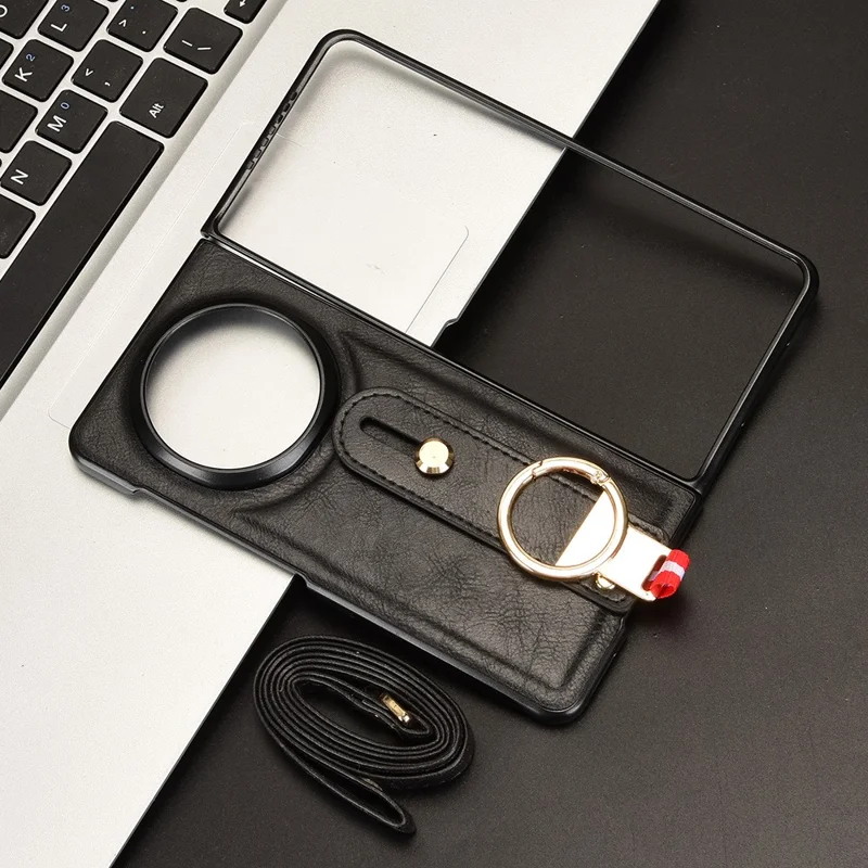 Cover per Honor Magic V5 5G con Cinturino, Supporto e Apribottiglie - Custodia in Pelle + PC + TPU - Nero
