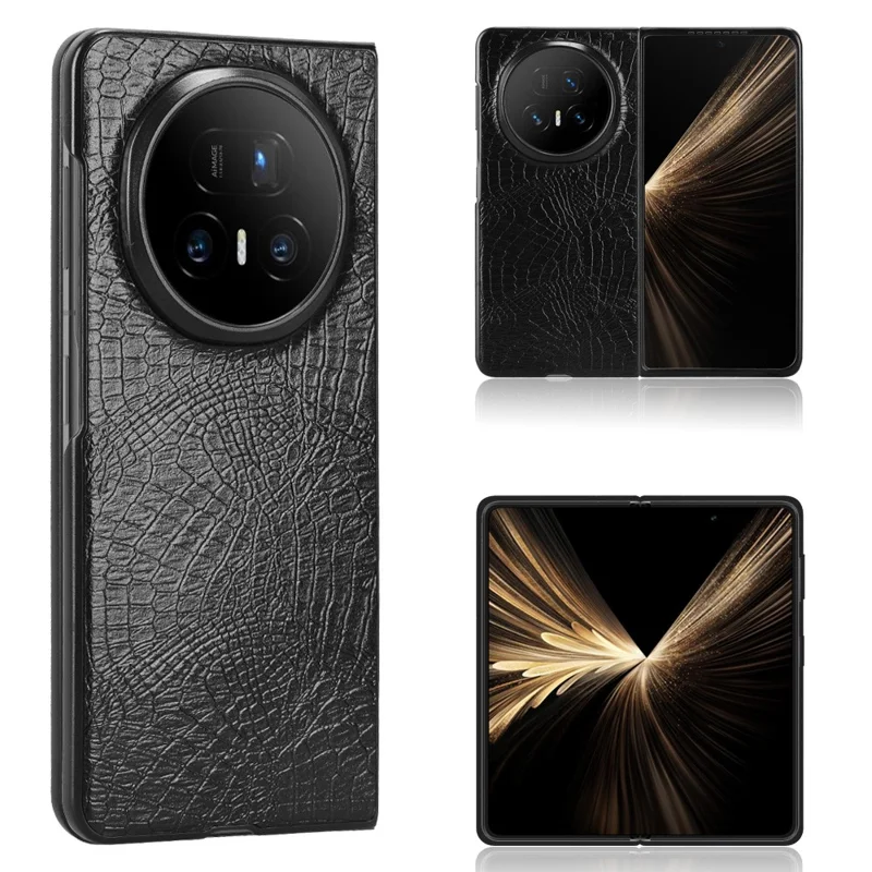 For Honor Magic V5 5G Case Crocodile Texture Leather Coated Hard PC Phone Cover - Black