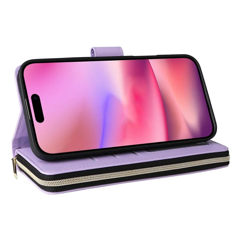 Étui à fermeture éclair pour iPhone 17 en cuir PU à motif losange avec bandoulière - Violet