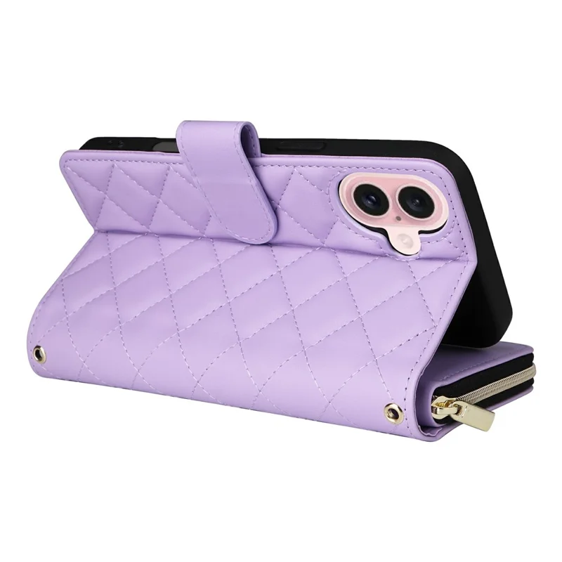 Étui à fermeture éclair pour iPhone 17 en cuir PU à motif losange avec bandoulière - Violet
