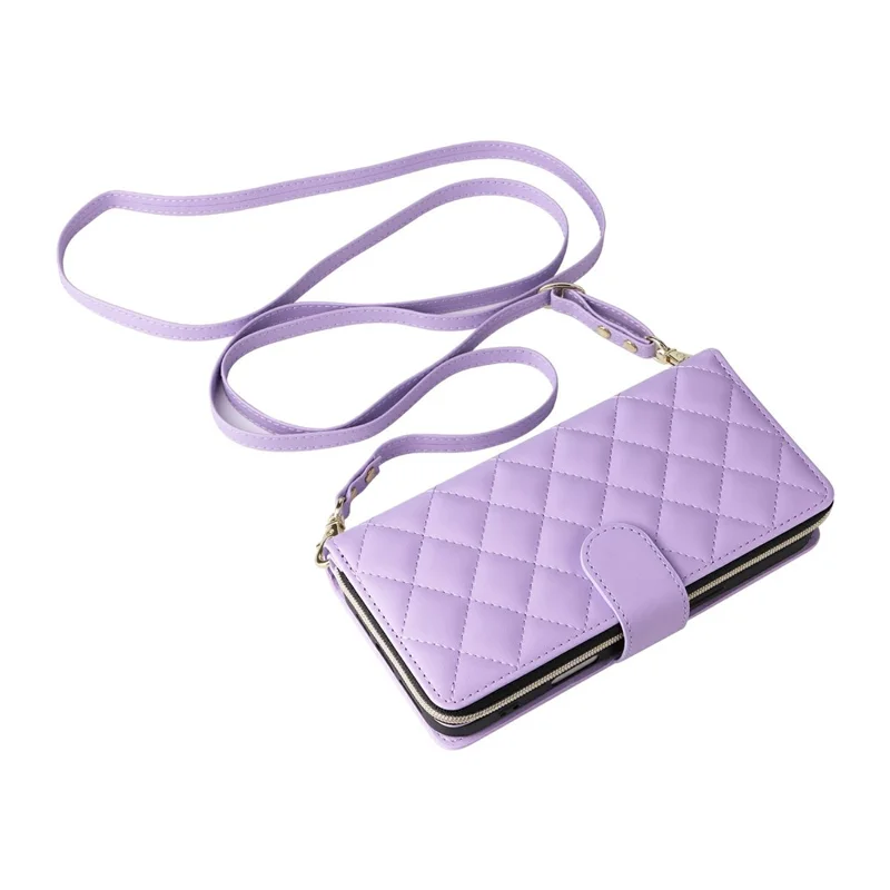 Étui à fermeture éclair pour iPhone 17 en cuir PU à motif losange avec bandoulière - Violet