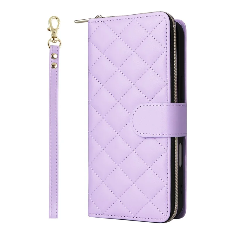 Étui à fermeture éclair pour iPhone 17 en cuir PU à motif losange avec bandoulière - Violet