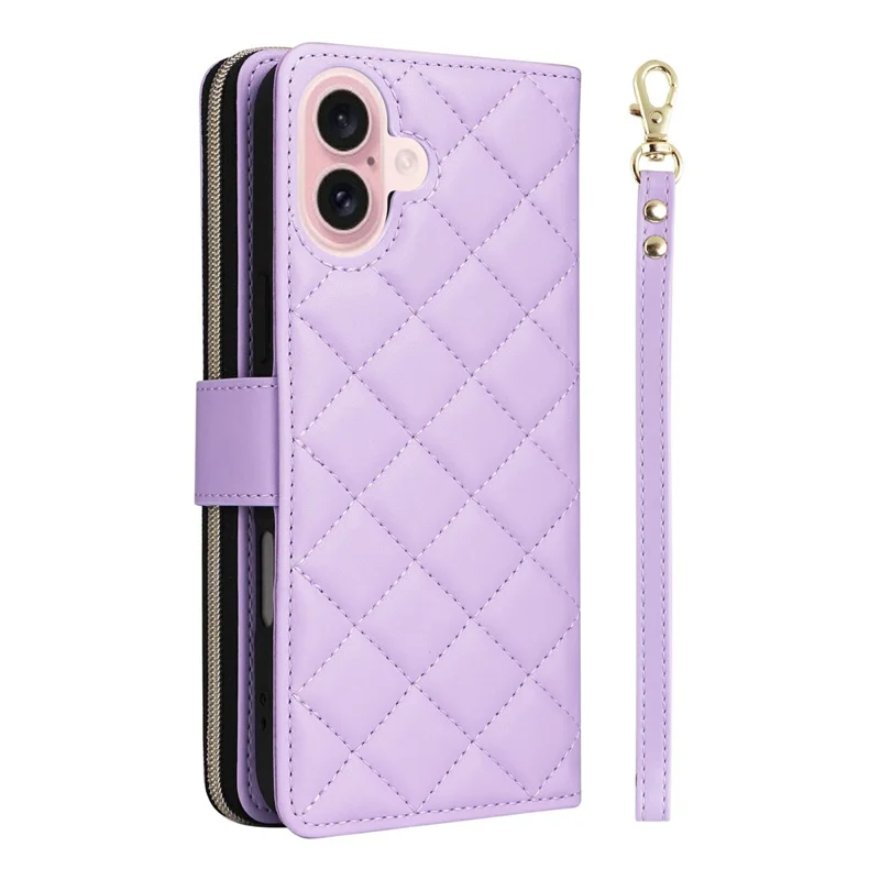 Étui à fermeture éclair pour iPhone 17 en cuir PU à motif losange avec bandoulière - Violet