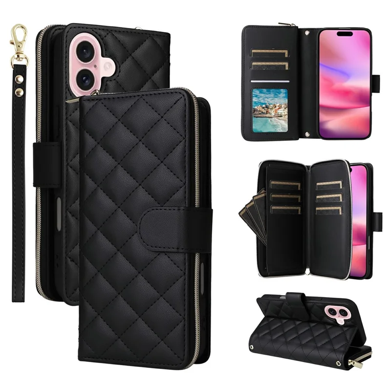 For iPhone 17 Case Zipper Wallet Rhombus PU Leather Crossbody Phone Cover - Black