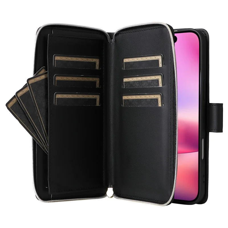 For iPhone 17 Case Zipper Wallet Rhombus PU Leather Crossbody Phone Cover - Black