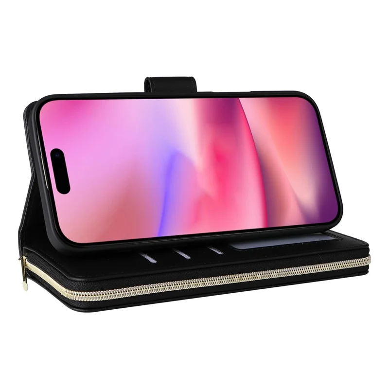 For iPhone 17 Case Zipper Wallet Rhombus PU Leather Crossbody Phone Cover - Black