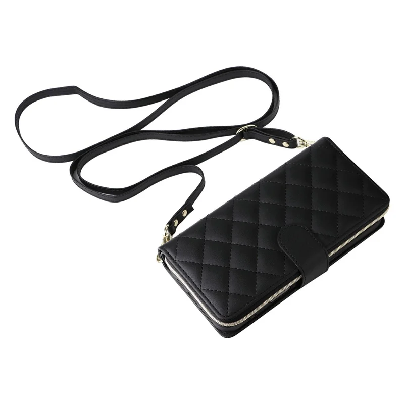 For iPhone 17 Case Zipper Wallet Rhombus PU Leather Crossbody Phone Cover - Black