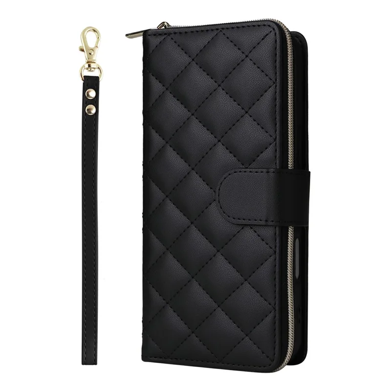 For iPhone 17 Case Zipper Wallet Rhombus PU Leather Crossbody Phone Cover - Black