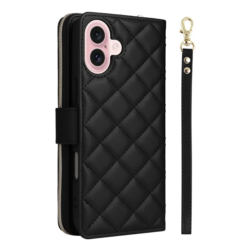 For iPhone 17 Case Zipper Wallet Rhombus PU Leather Crossbody Phone Cover - Black